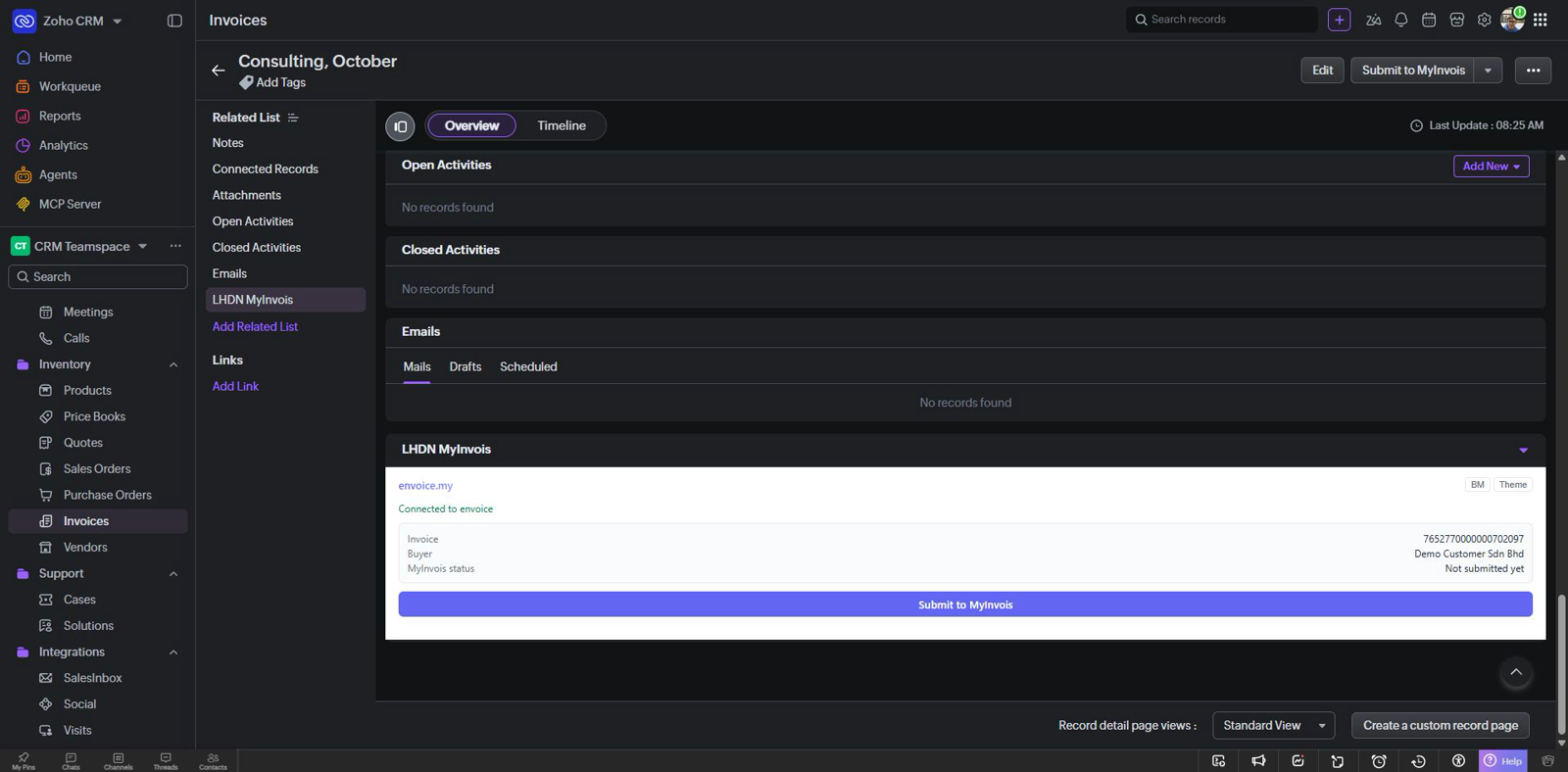 envoice on a Zoho CRM invoice, ready to submit