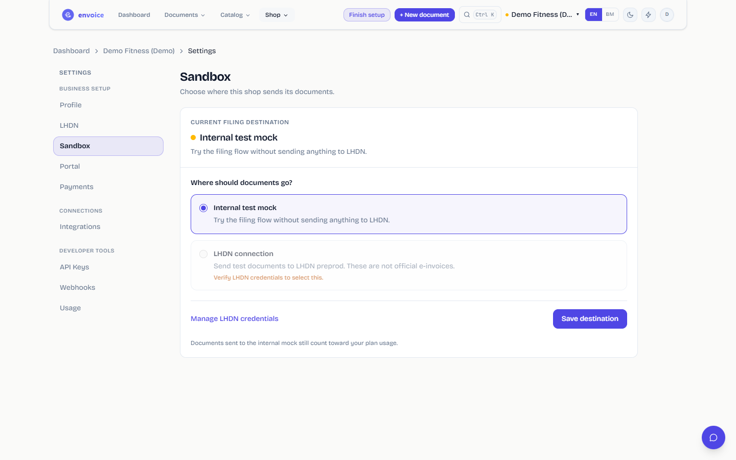 Sandbox tab with the current filing destination