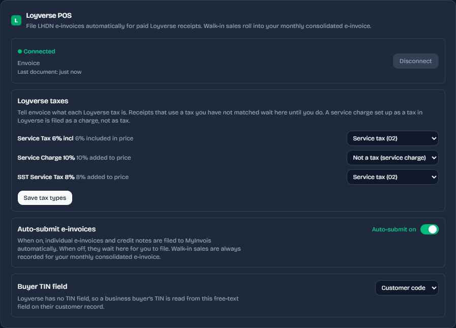 Loyverse card with the tax mapping, auto-submit and Buyer TIN field (sandbox demo)