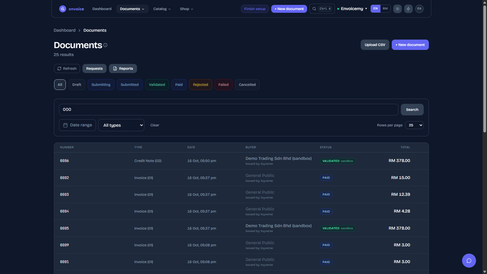 Documents list with Loyverse receipts filed by their receipt number (sandbox demo)