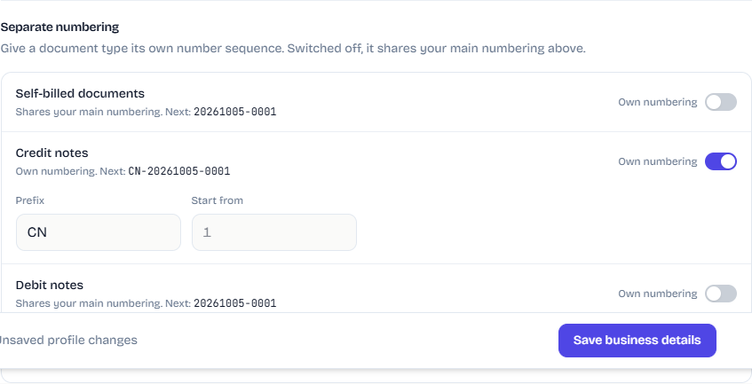 Credit notes switched to their own numbering with prefix CN