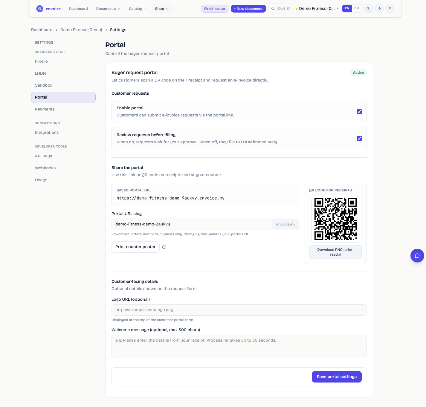 Portal settings with the portal active