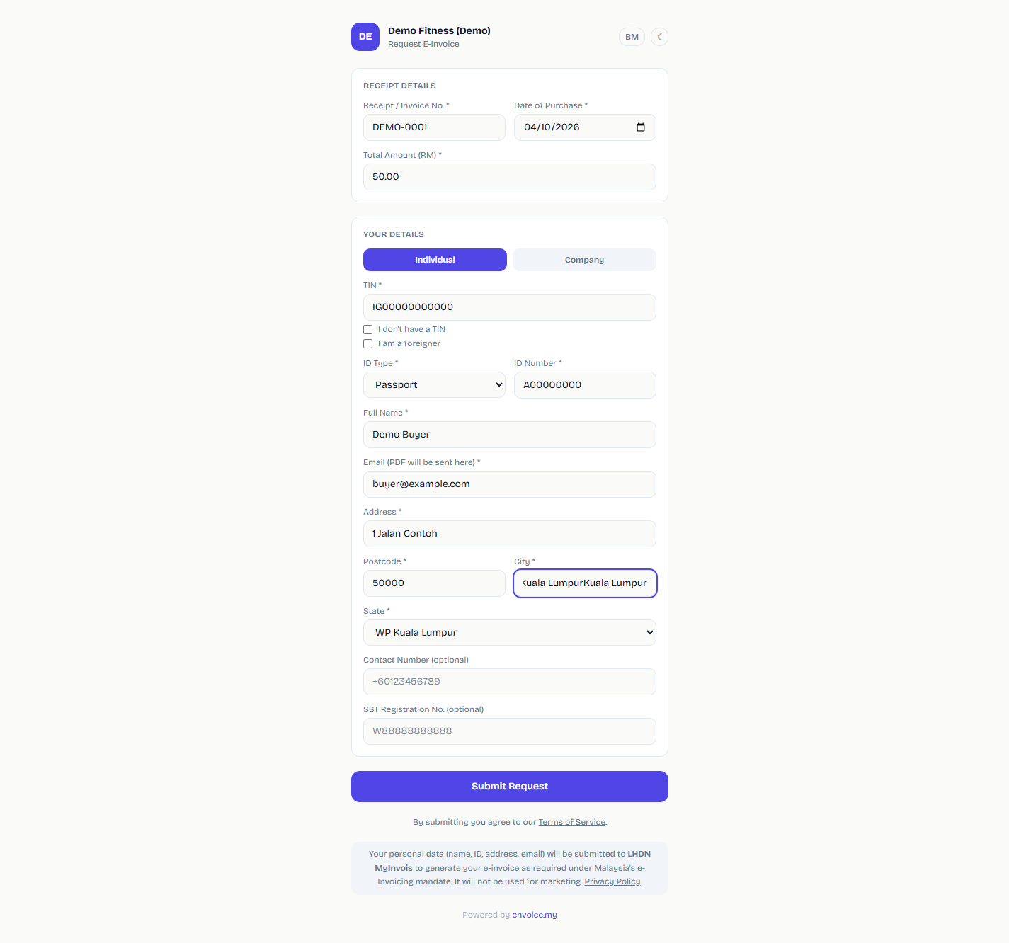 Public request form on a sandbox demo shop, with example data