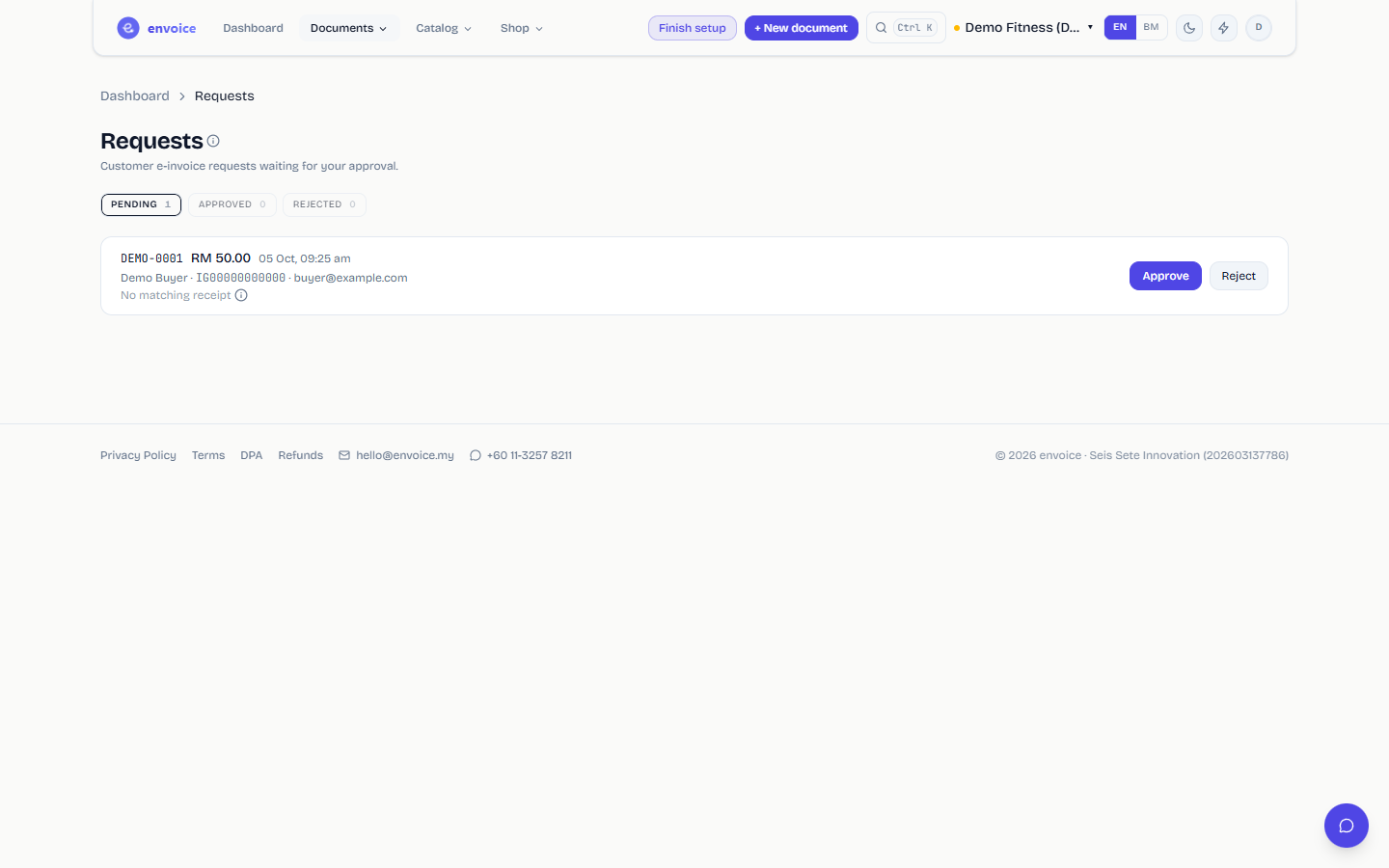 Requests queue with one pending request (sandbox demo, example data)