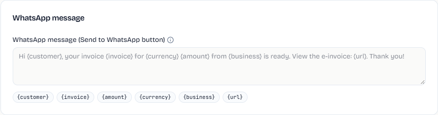 WhatsApp message template with placeholder buttons