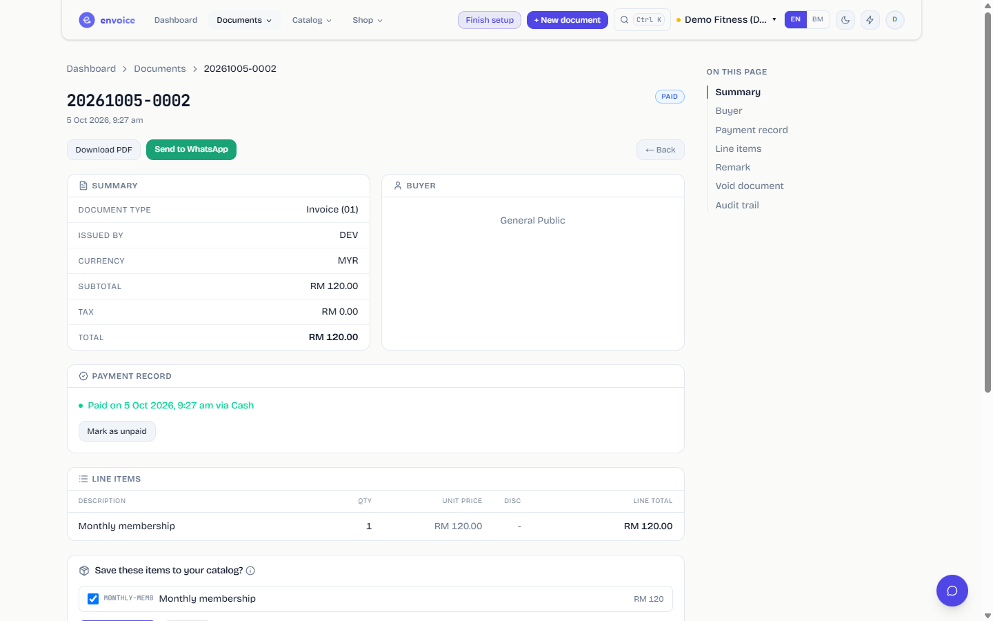 Document page with Send to WhatsApp