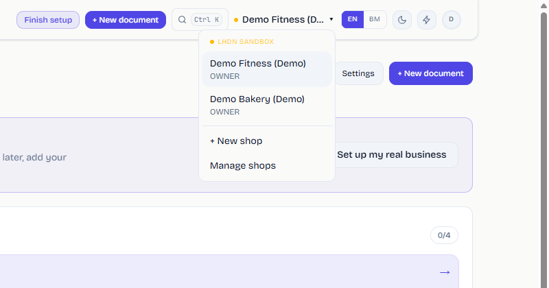 Shop switcher menu in the header
