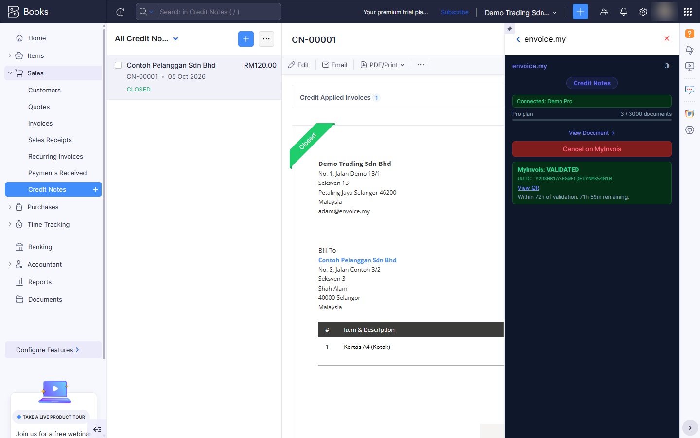 Validated credit note in the envoice widget
