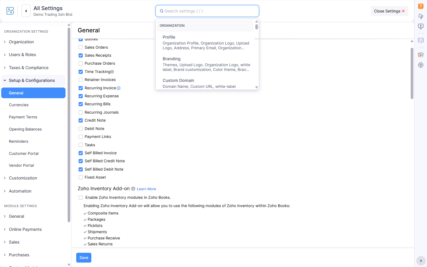 Self-billed modules ticked in Zoho settings