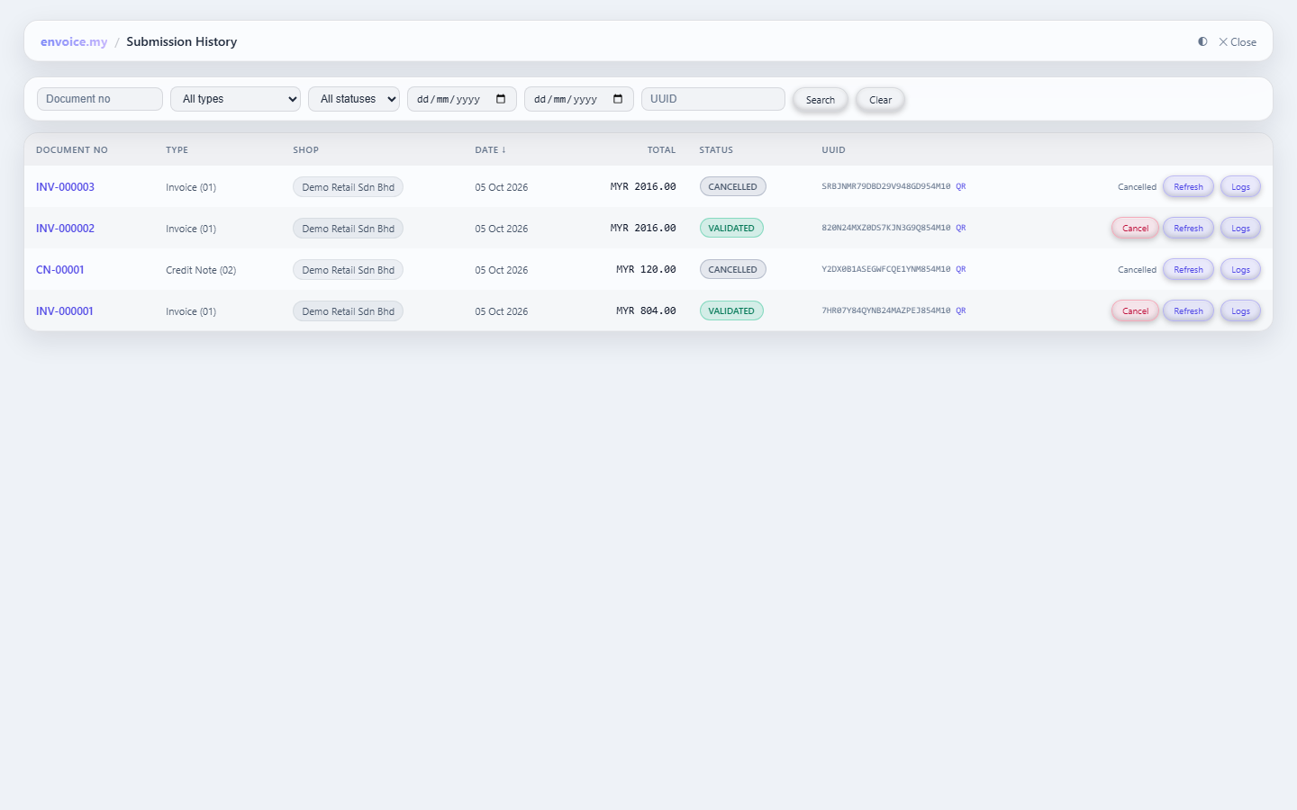 Submission History page