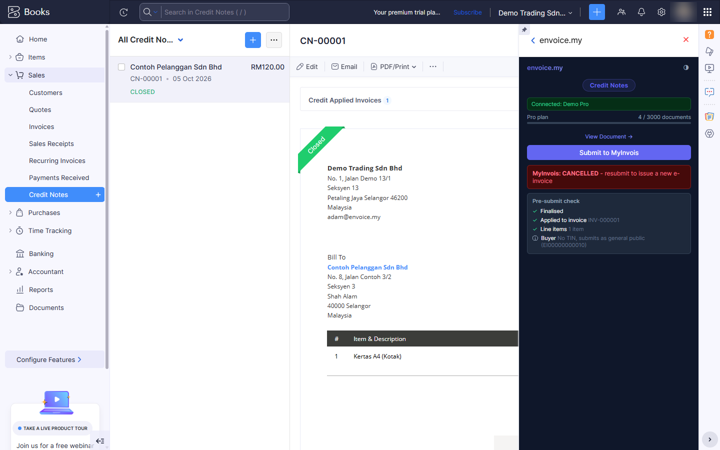 Cancelled document in the envoice widget