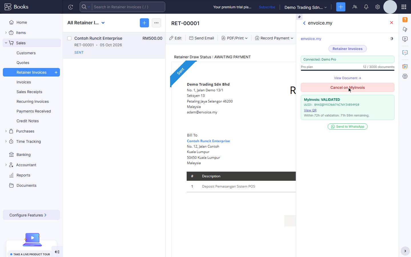 Validated deposit e-invoice