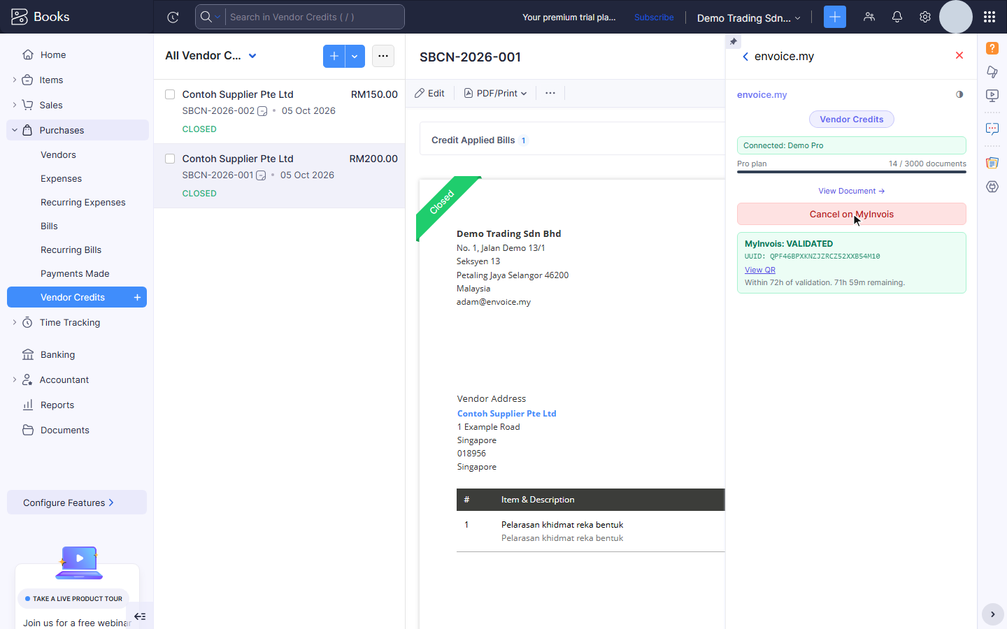 Validated self-billed credit note