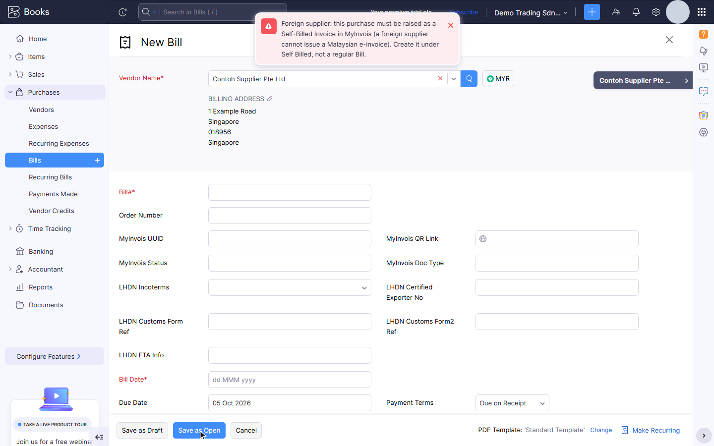 Regular bill from a foreign supplier blocked at save
