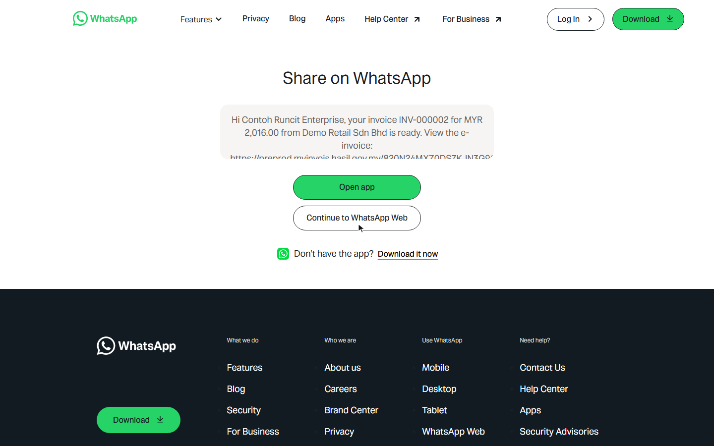 WhatsApp share with the prefilled message